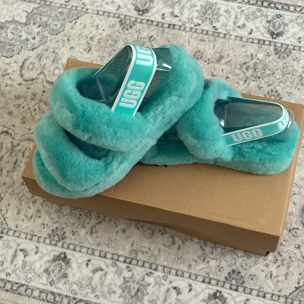 UGG Teal Plush Shearling Crisscross Slide with Branded Back Strap